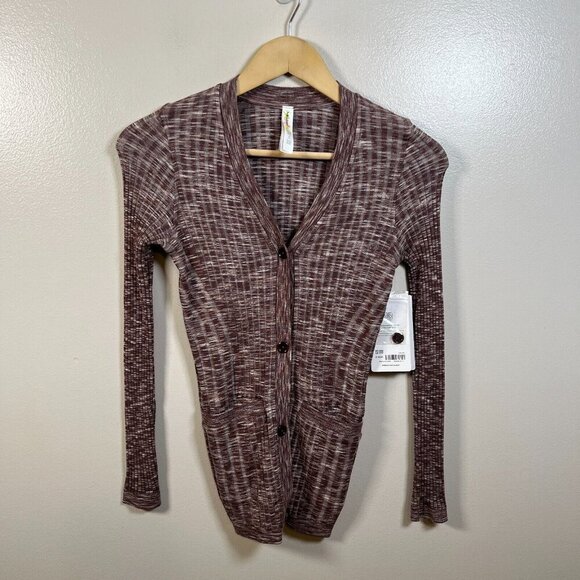 Athleta Revolve Cardigan Sweater Size XXS Mahogany Heather Ribbed Seamless Work - Picture 2 of 11